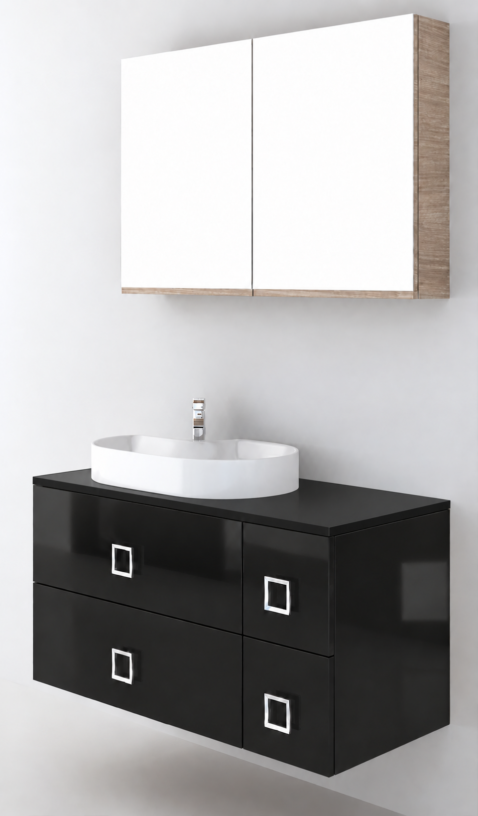 Orabella Solid Surface100 - Finish 6040 / Black countertop / Four Drawers / Chrome handles