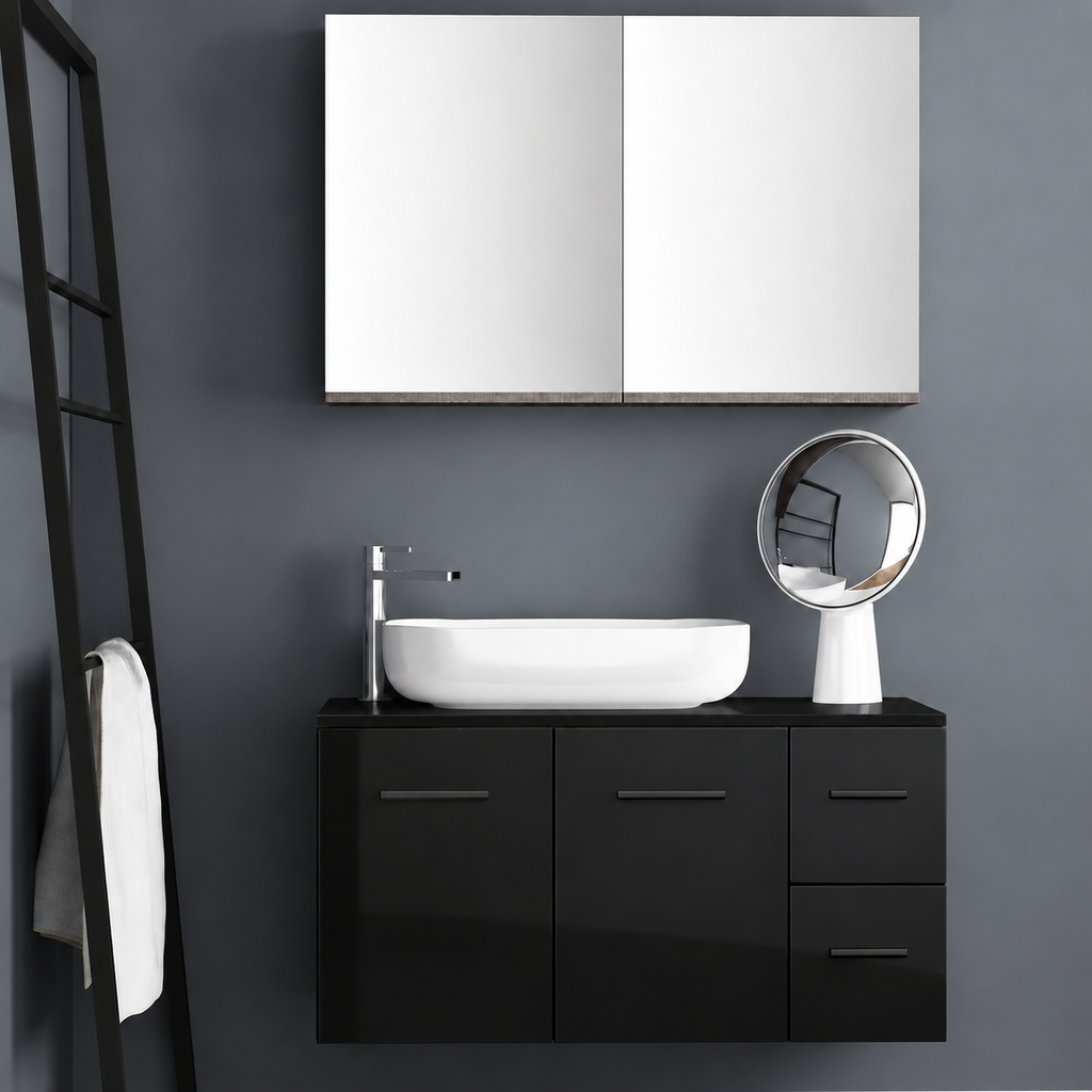 Orabella Solid Surface100 - Finish 6040 / Black countertop / Two Doors and Two Drawers / Black handles