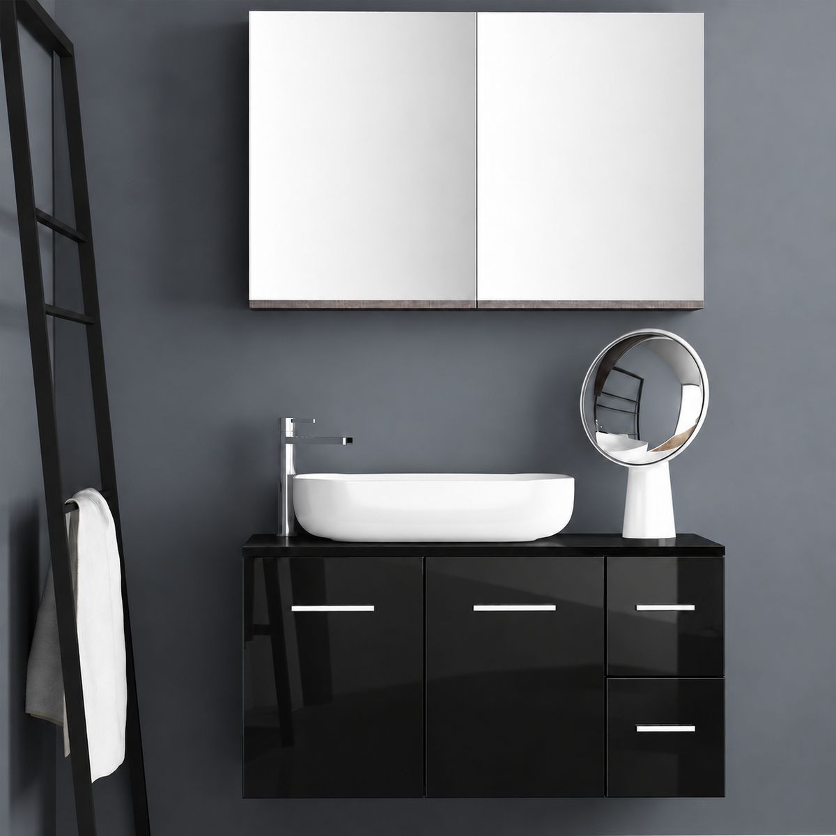 Orabella Solid Surface100 - Finish 6040 / Black countertop / Two Doors and Two Drawers / Chrome handles
