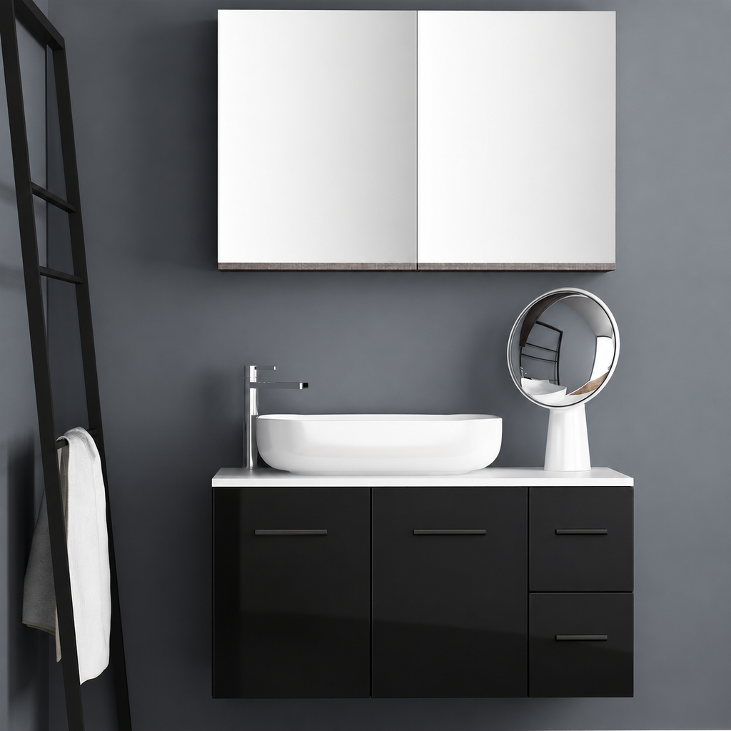 Orabella Solid Surface100 - Finish 6040 / White countertop / Two Doors and Two Drawers / Black handles