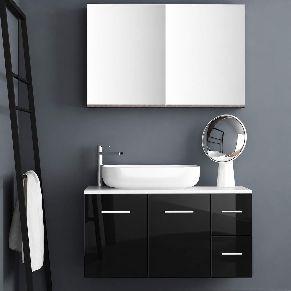 Orabella Solid Surface100 - Finish 6040 / White countertop / Two Doors and Two Drawers / Chrome handles