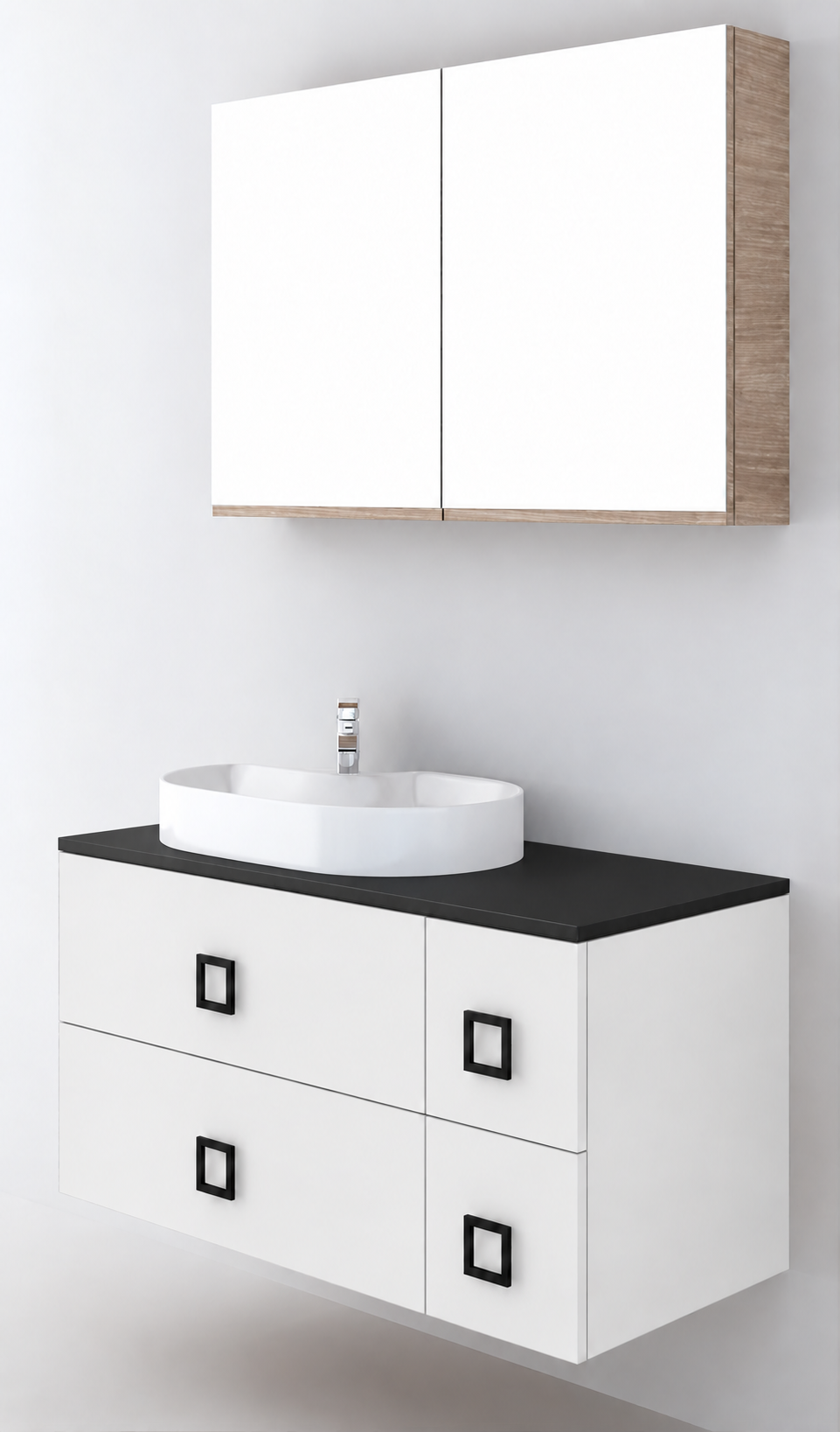 Orabella Solid Surface100 - Finish 6080 / Black countertop / Four Drawers / Black handles