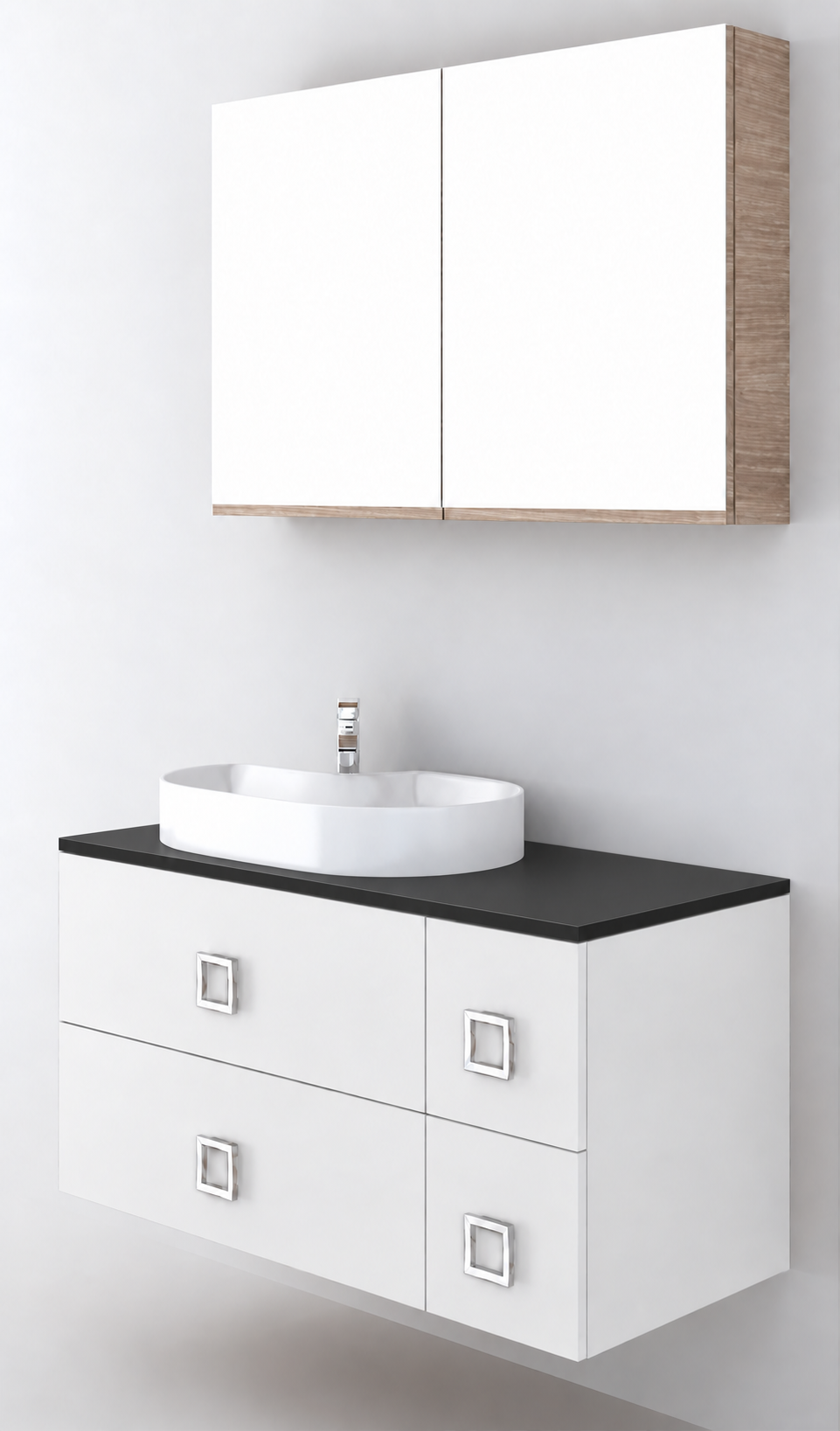 Orabella Solid Surface100 - Finish 6080 / Black countertop / Four Drawers / Chrome handles
