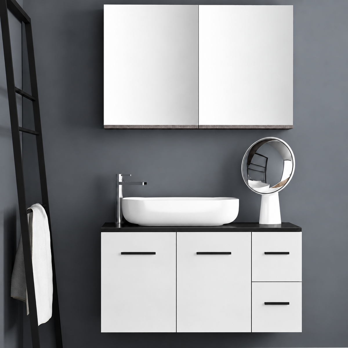 Orabella Solid Surface100 - Finish 6080 / Black countertop / Two Doors and Two Drawers / Black handles