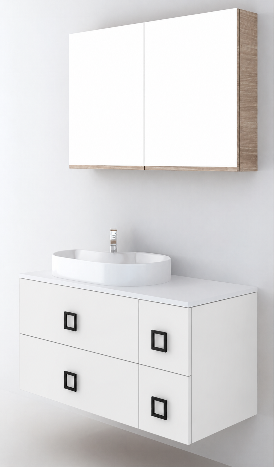 Orabella Solid Surface100 - Finish 6080 / White countertop / Four Drawers / Black handles