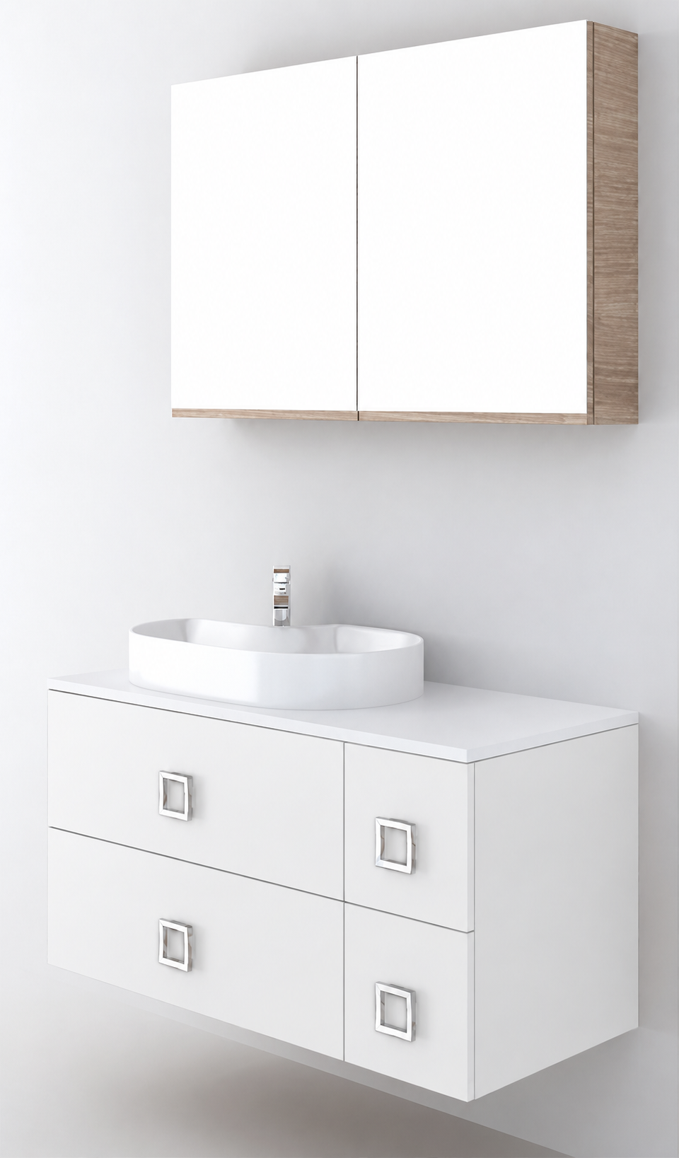 Orabella Solid Surface100 - Finish 6080 / White countertop / Four Drawers / Chrome handles