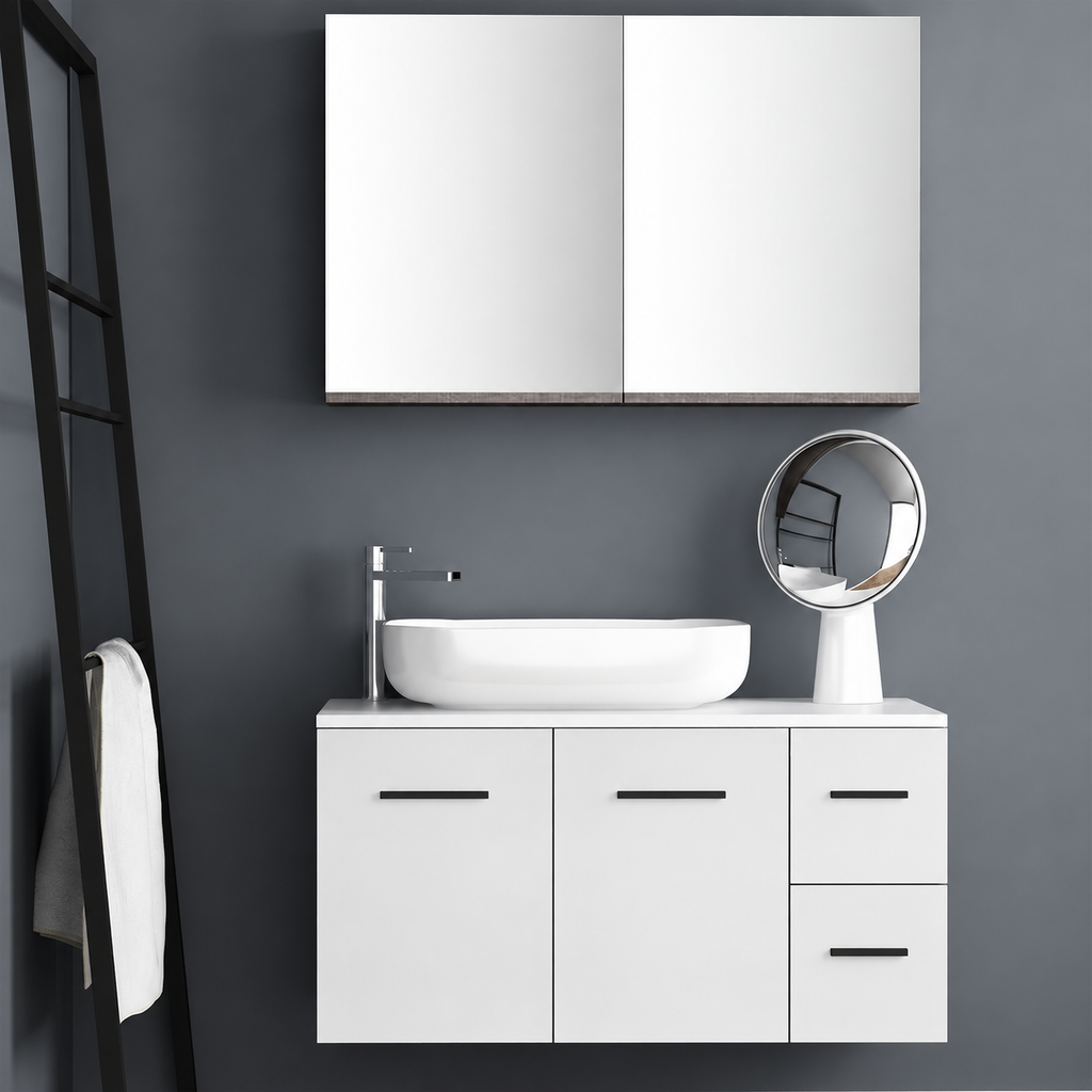 Orabella Solid Surface100 - Finish 6080 / White countertop / Two Doors and Two Drawers / Black handles