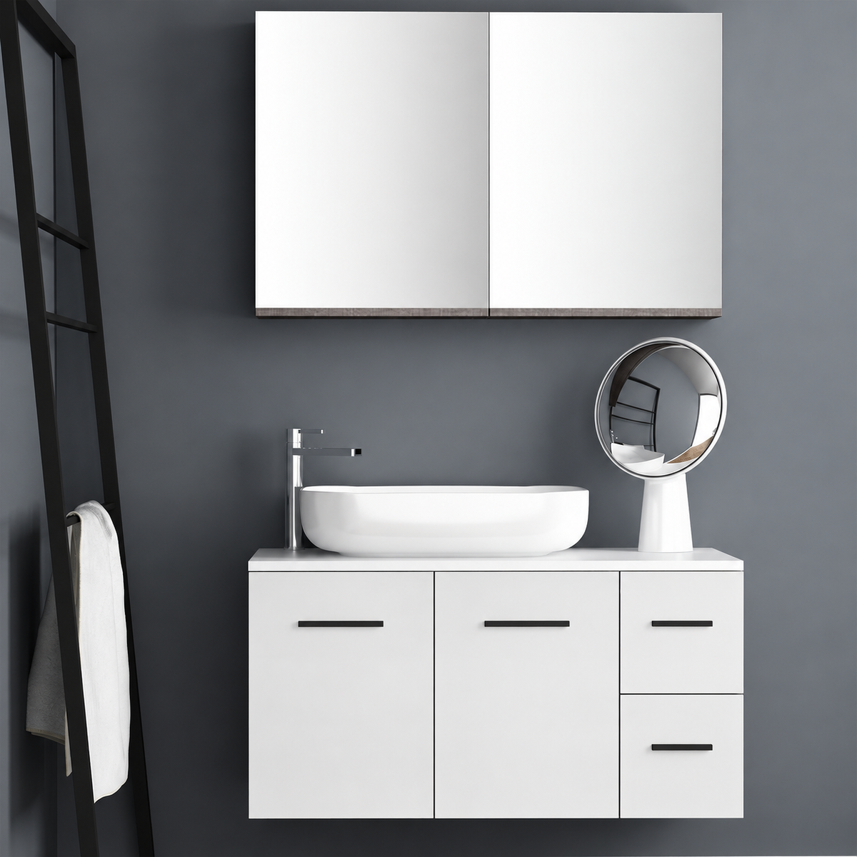 Orabella Solid Surface100 - Finish 6080 / White countertop / Two Doors and Two Drawers / Black handles