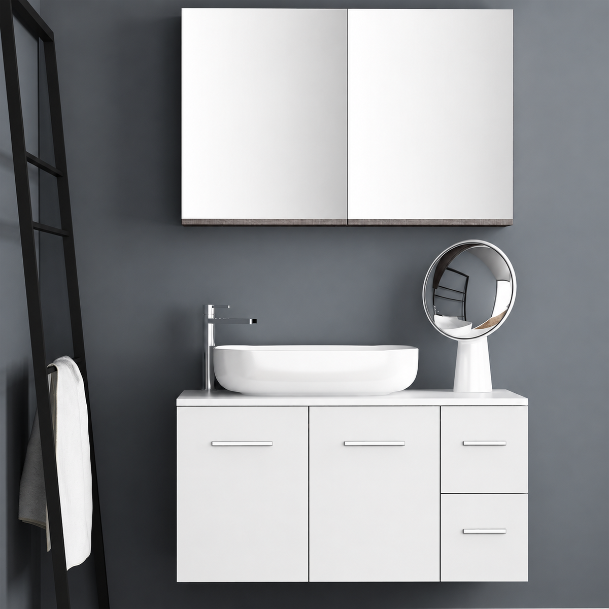 Orabella Solid Surface100 - Finish 6080 / White countertop / Two Doors and Two Drawers / Chrome handles