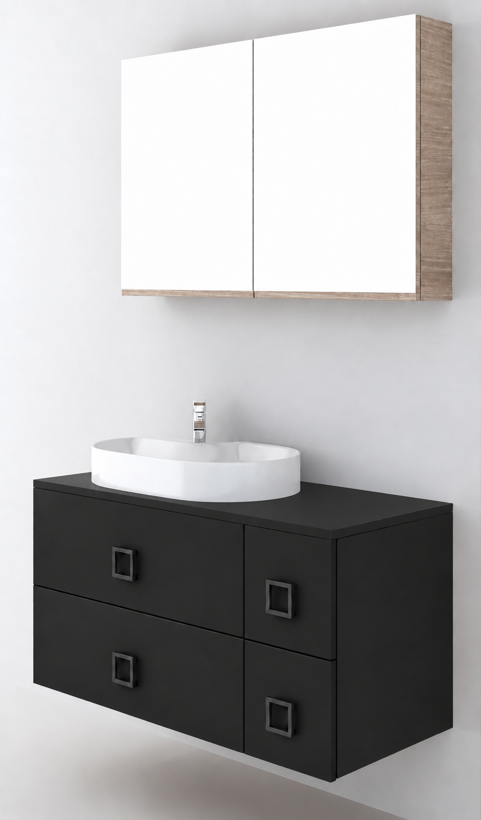 Orabella Solid Surface100 - Finish 6090 / Black countertop / Four Drawers / Black handles