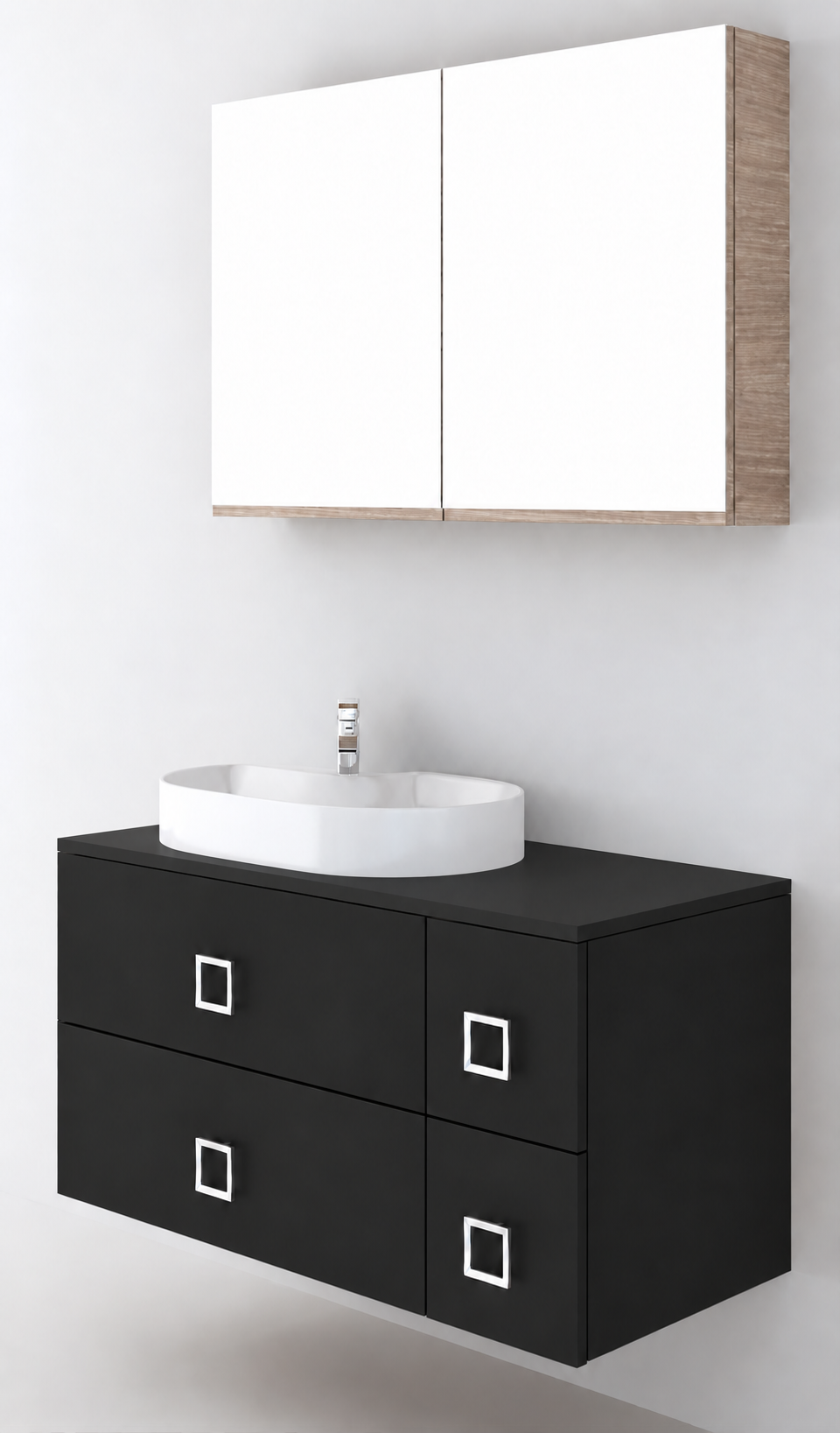 Orabella Solid Surface100 - Finish 6090 / Black countertop / Four Drawers / Chrome handles