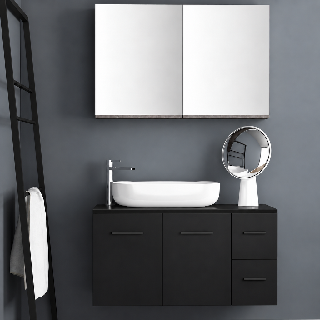 Orabella Solid Surface100 - Finish 6090 / Black countertop / Two Doors and Two Drawers / Black handles