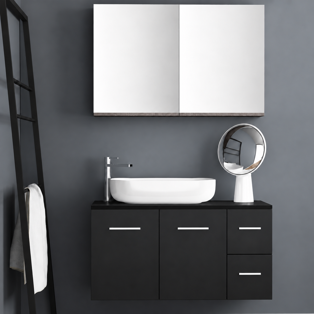 Orabella Solid Surface100 - Finish 6090 / Black countertop / Two Doors and Two Drawers / Chrome handles