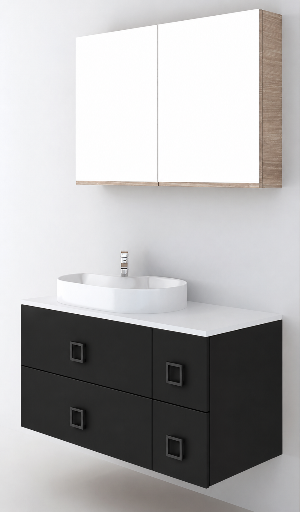 Orabella Solid Surface100 - Finish 6090 / White countertop / Four Drawers / Black handles