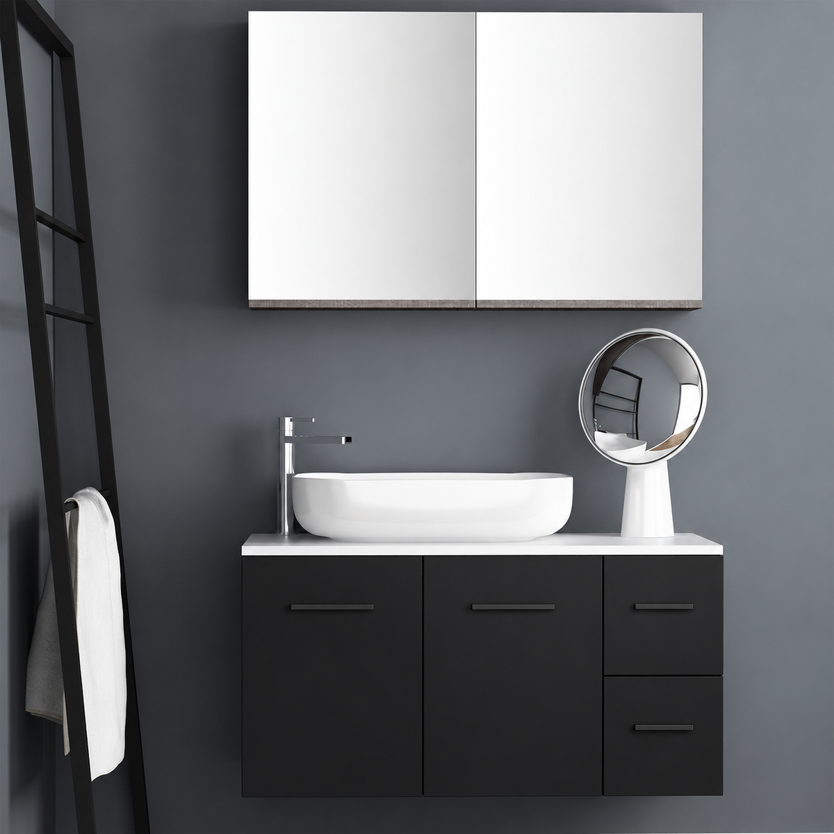 Orabella Solid Surface100 - Finish 6090 / White countertop / Two Doors and Two Drawers / Black handles