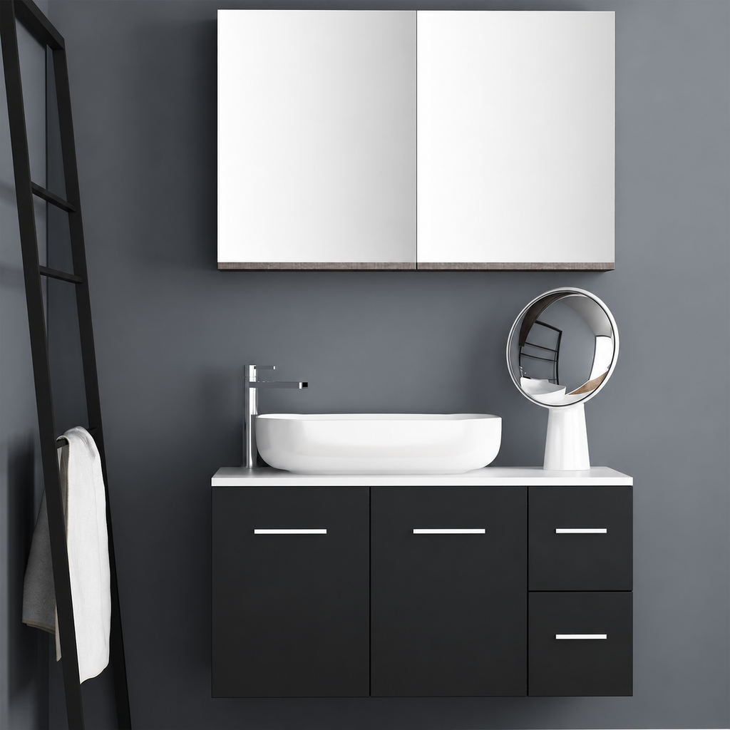 Orabella Solid Surface100 - Finish 6090 / White countertop / Two Doors and Two Drawers / Chrome handles