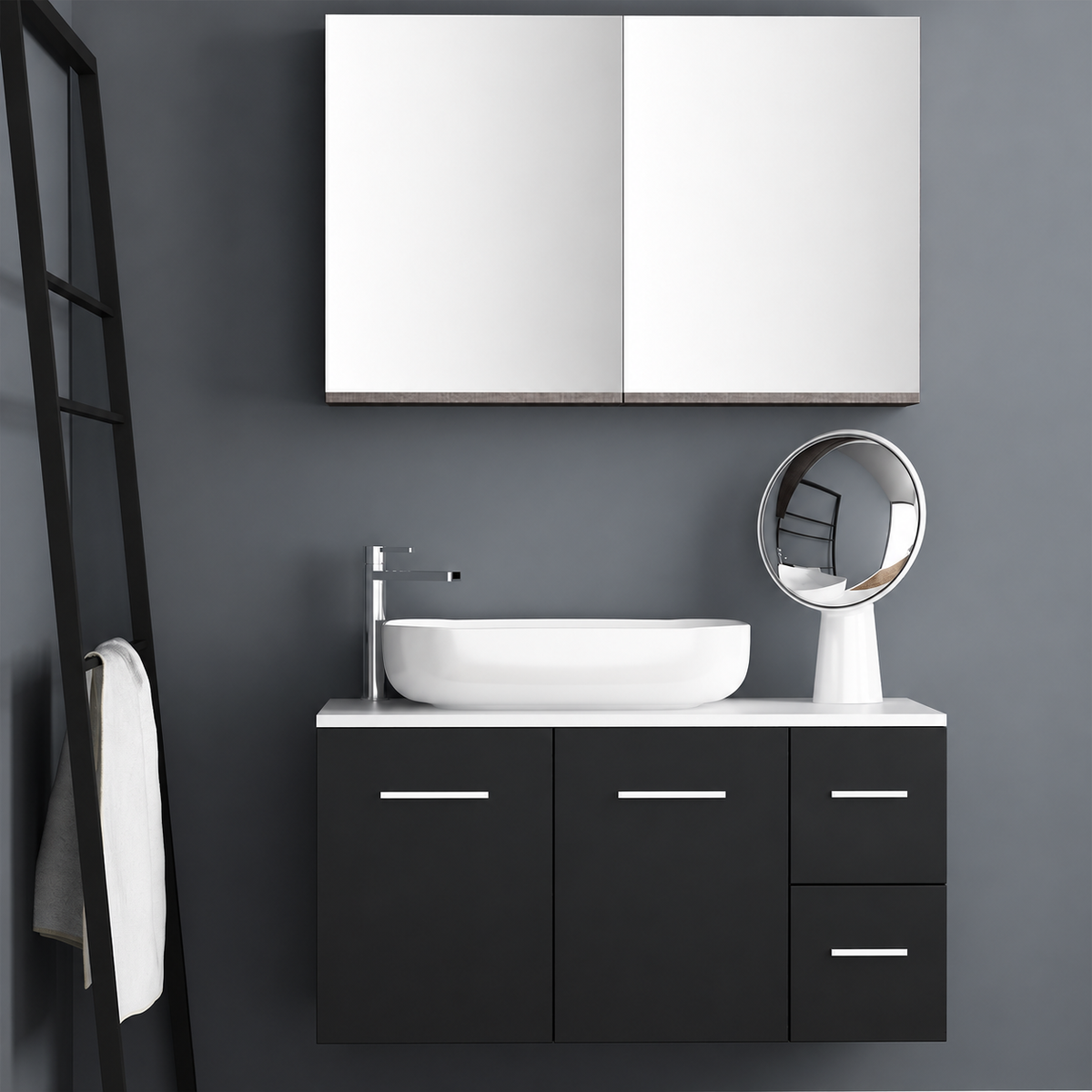 Orabella Solid Surface100 - Finish 6090 / White countertop / Two Doors and Two Drawers / Chrome handles