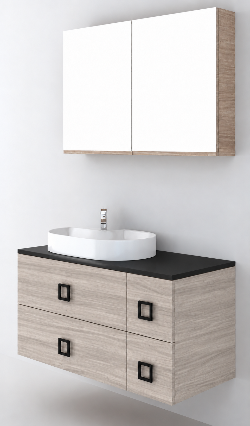 Orabella Solid Surface100 - Finish 719 / Black countertop / Four Drawers / Black handles