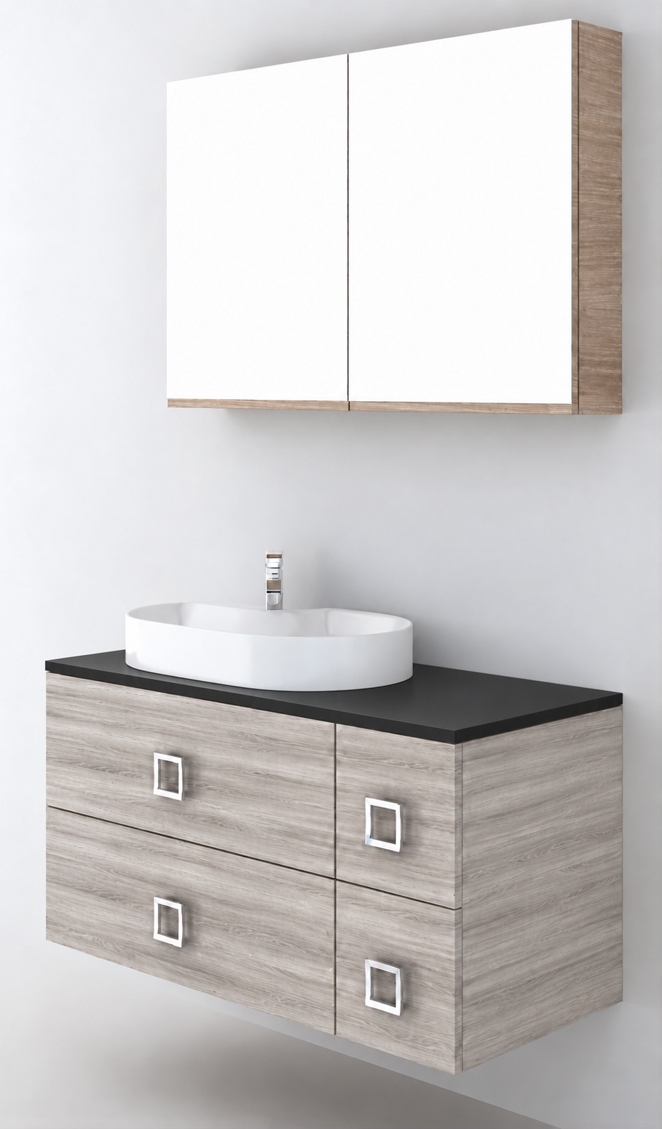 Orabella Solid Surface100 - Finish 719 / Black countertop / Four Drawers / Chrome handles