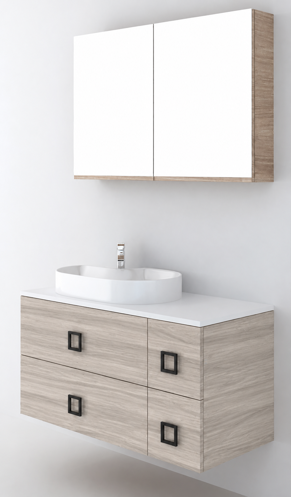 Orabella Solid Surface100 - Finish 719 / White countertop / Four Drawers / Black handles