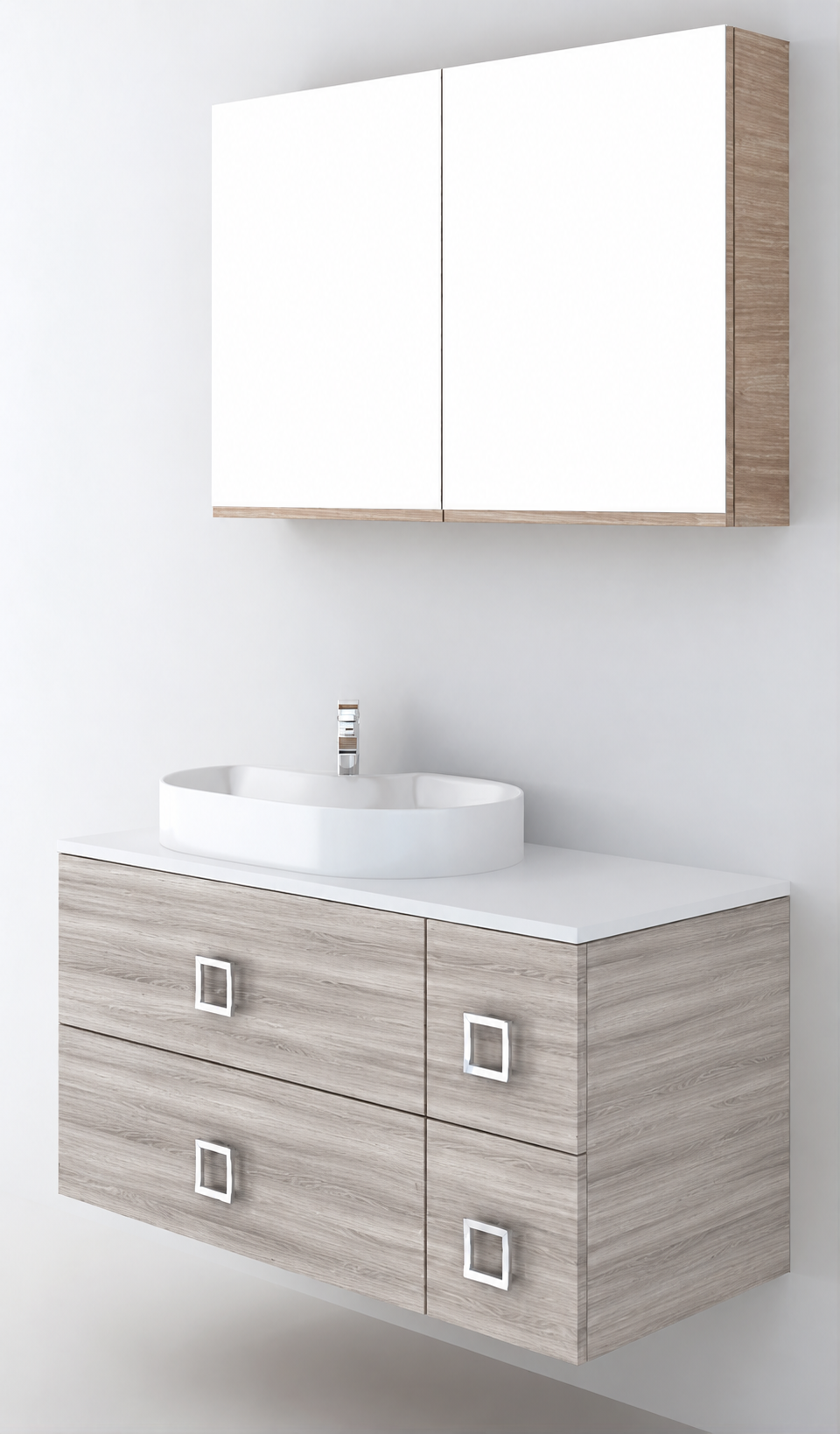 Orabella Solid Surface100 - Finish 719 / White countertop / Four Drawers / Chrome handles