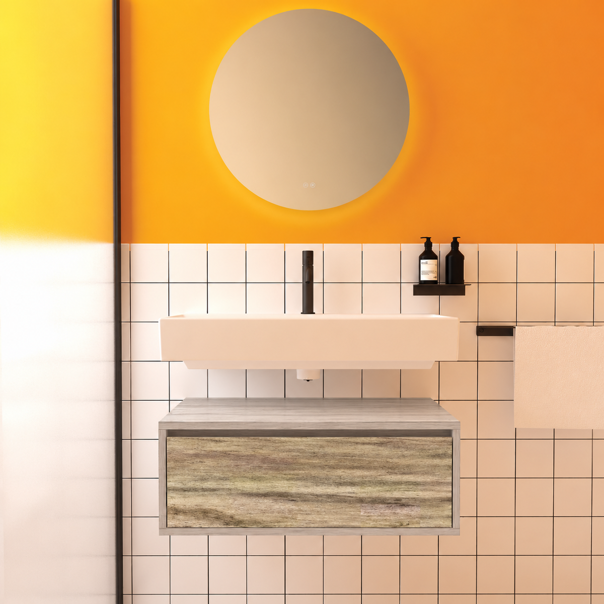 Amabile vanity — cabinet finish719, drawer finish390, floating separate basin