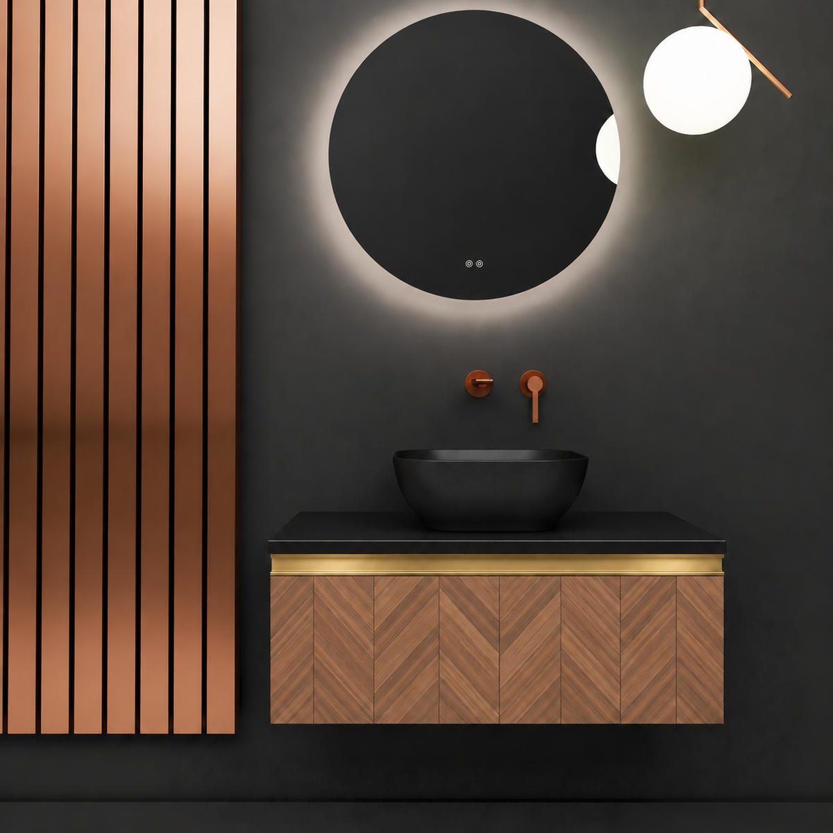 Regina vanity — finish 270, black countertop, Brushed Gold Gola; checked wood pattern