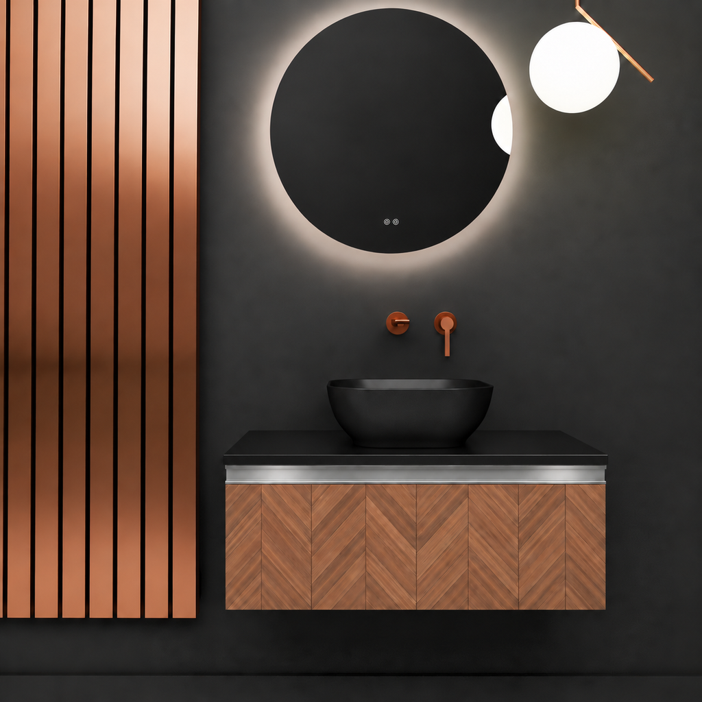 Regina vanity — finish 270, black countertop, Natural Aluminium Gola; checked wood pattern