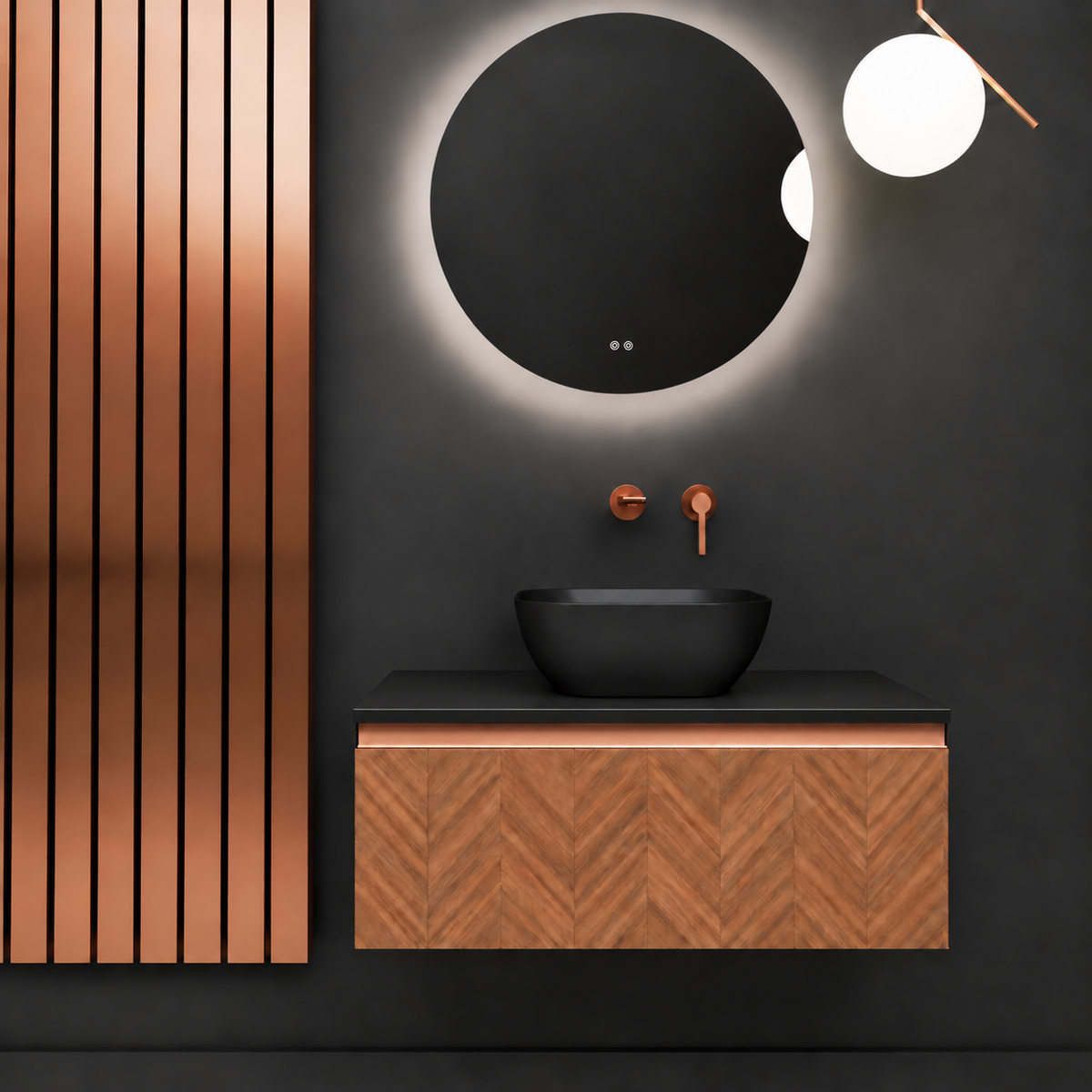 Regina vanity — finish 270, black countertop, Rose Gold Gola; checked wood pattern