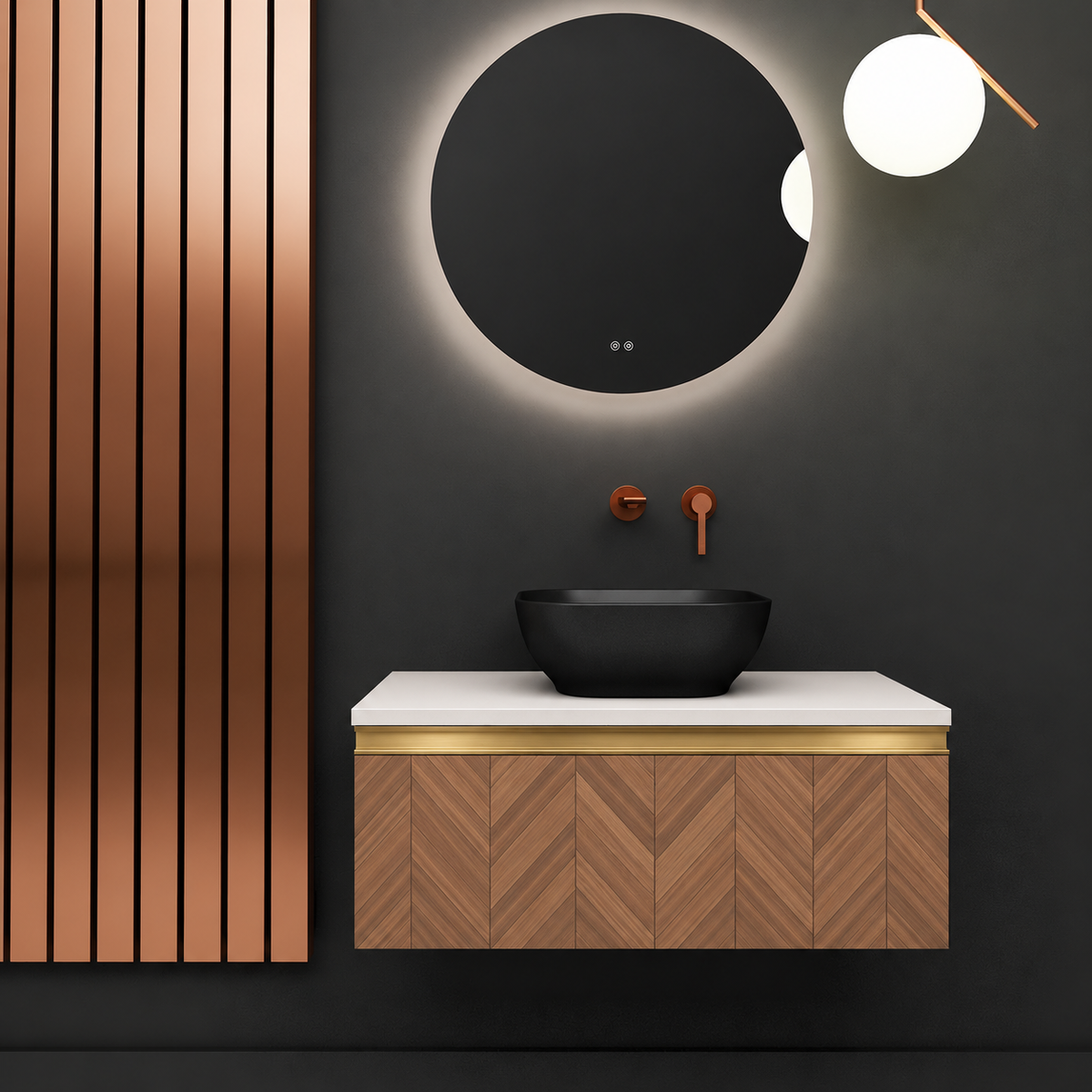 Regina vanity — finish 270, white countertop, Brushed Gold Gola; checked wood pattern