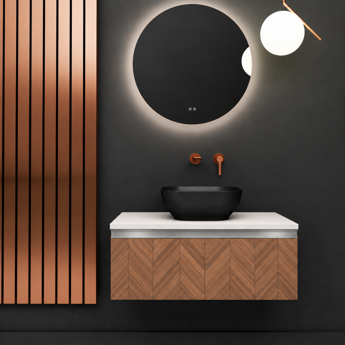 Regina vanity — finish 270, white countertop, Natural Aluminium Gola; checked wood pattern