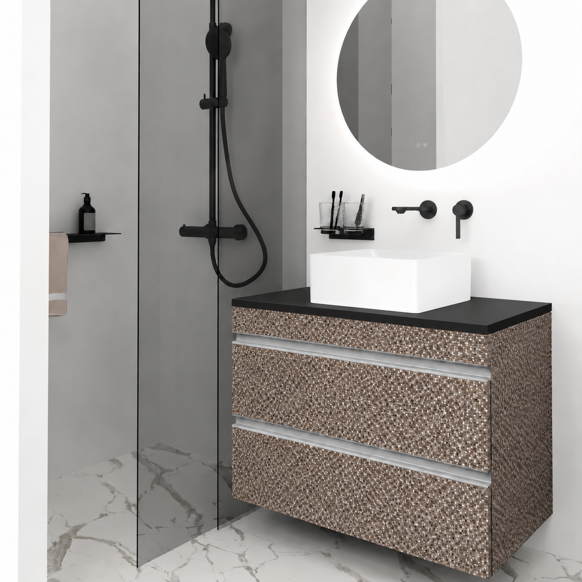 Orabella Vision — finish 245, black countertop, Natural Aluminium Gola; visually corrected finish