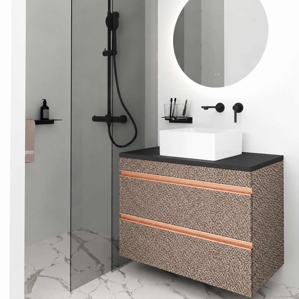 Orabella Vision — finish 245, black countertop, Rose Gold Gola; visually corrected finish