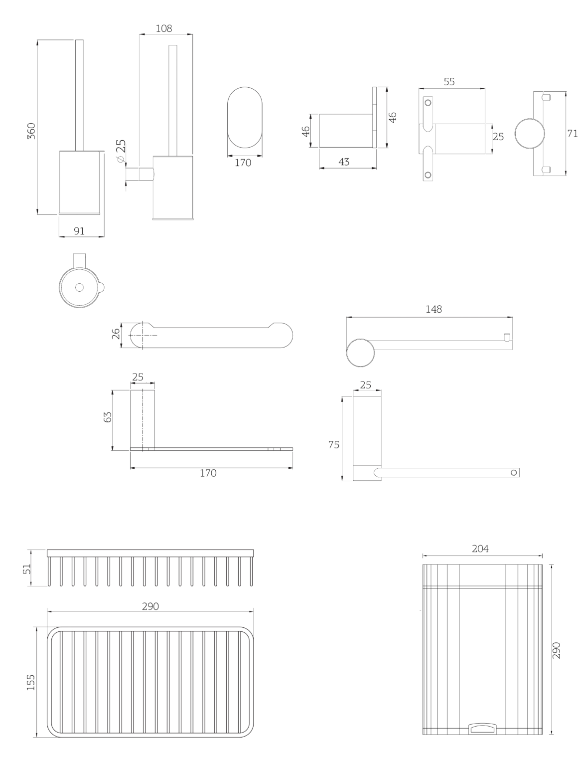 Orabella bathroom accessories range – technical dimensions