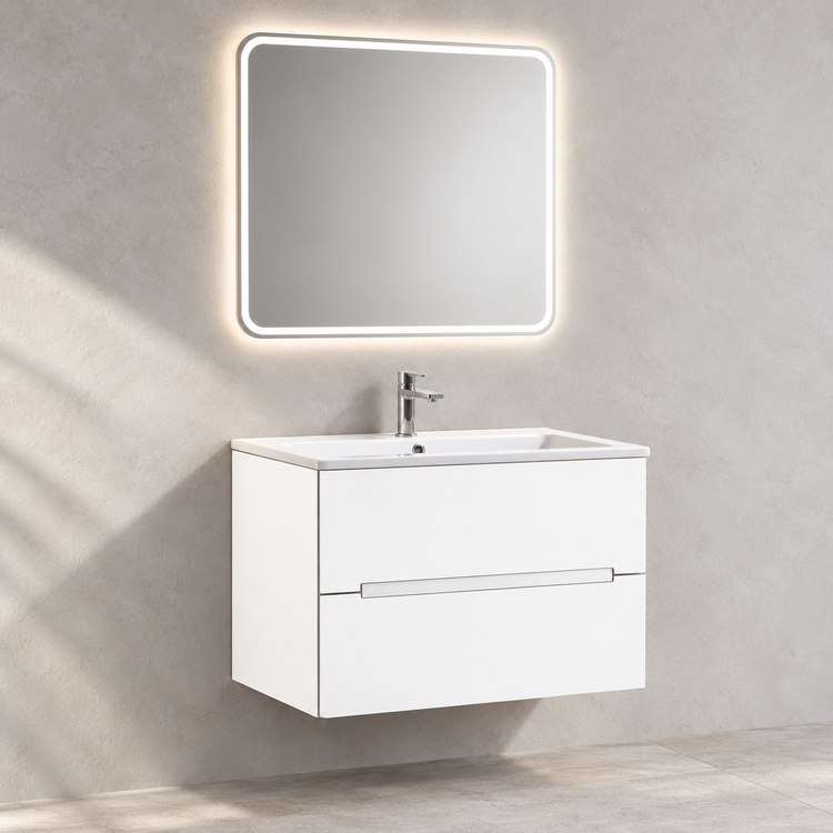 ORLA white wall hung bathroom cabinet and integrated basin with LED mirror