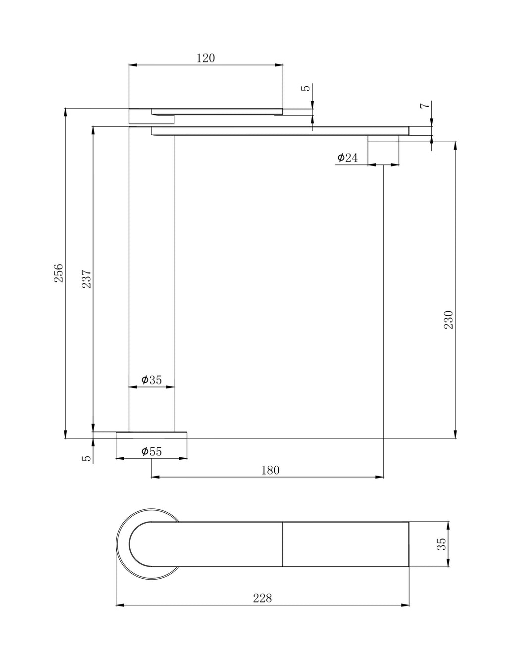 Plana Tall Chrome Basin Mixer technical drawing