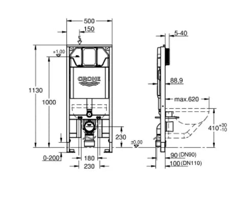 GROHE RAPID SL SLIM ELEMENT FOR WC WITH FLUSHING CISTERN 88.9 MM, 1.13 M INSTALLATION HEIGHT