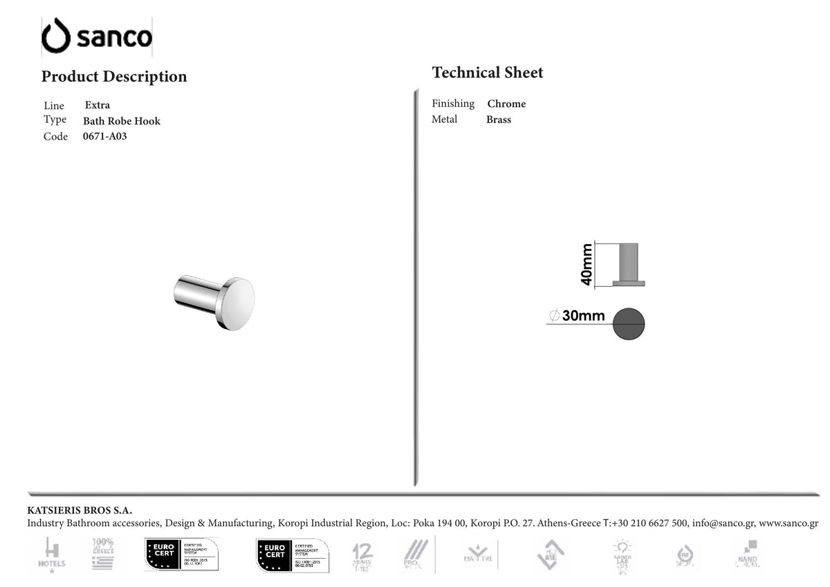 SANCO Academia Single Bath Robe Hook Chrome technical drawing and dimensions