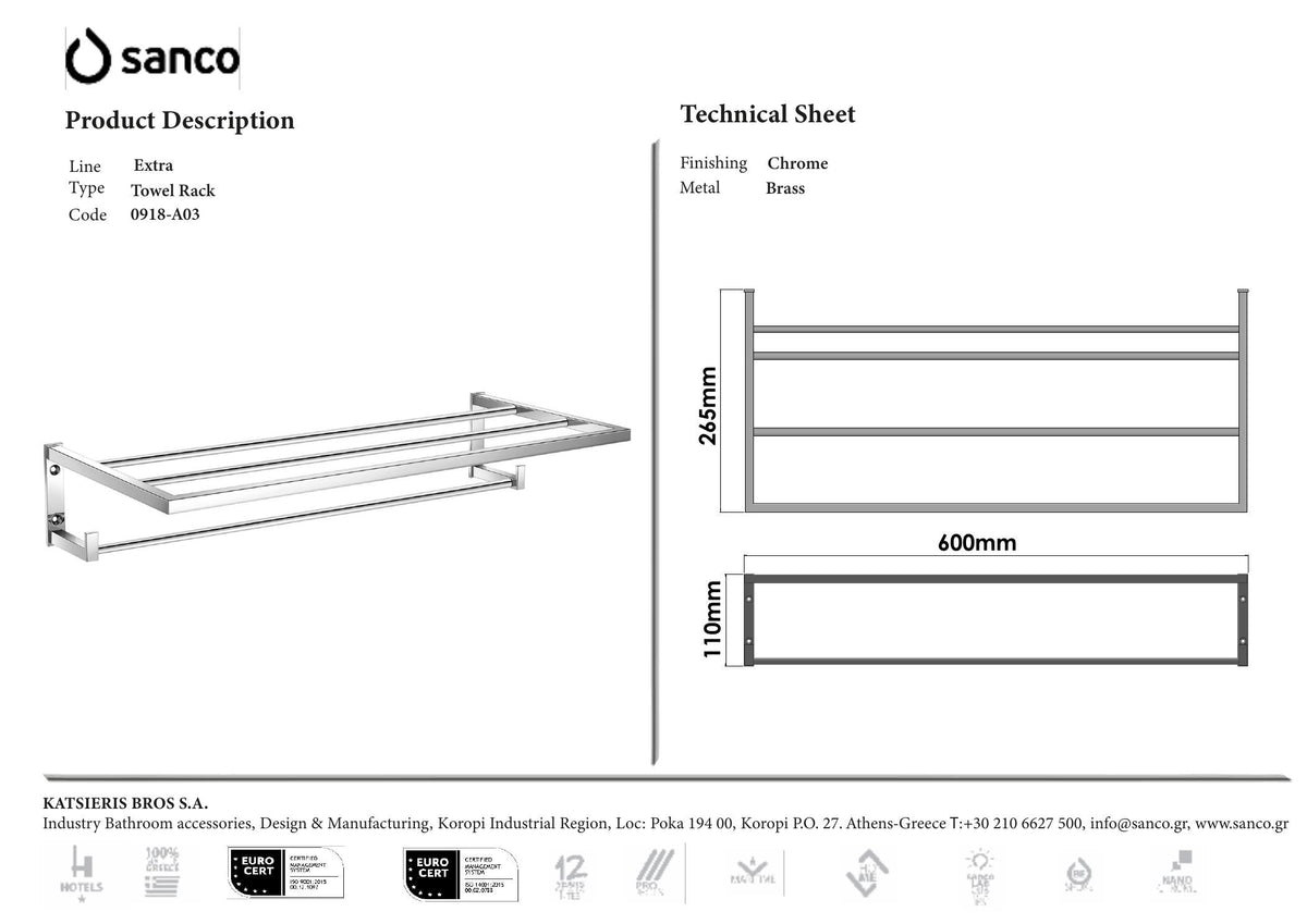 SANCO Towel Rack White Matt technical drawing and dimensions