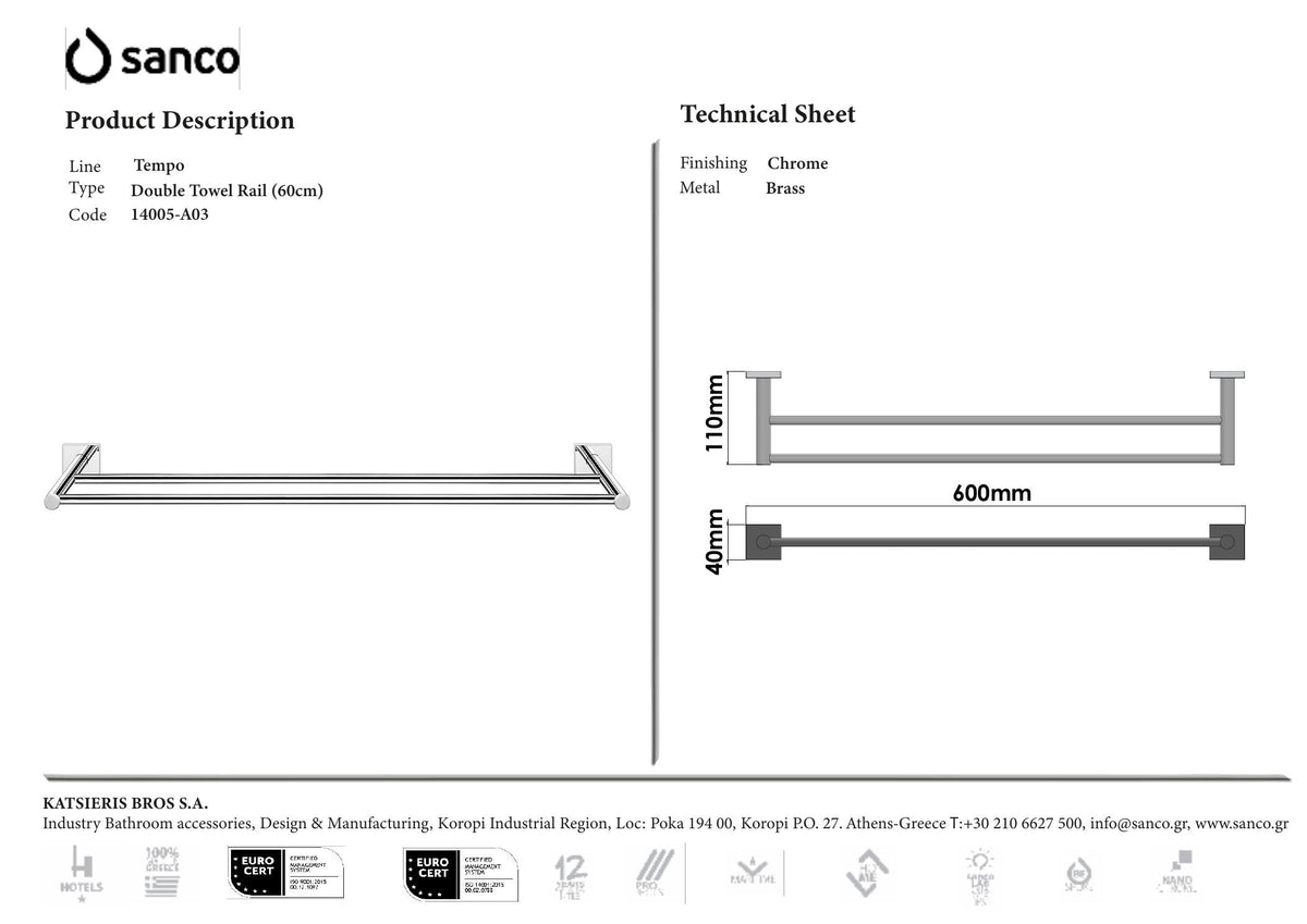 SANCO TEMPO TOWEL RAIL DOUBLE CHROME technical drawing and dimensions