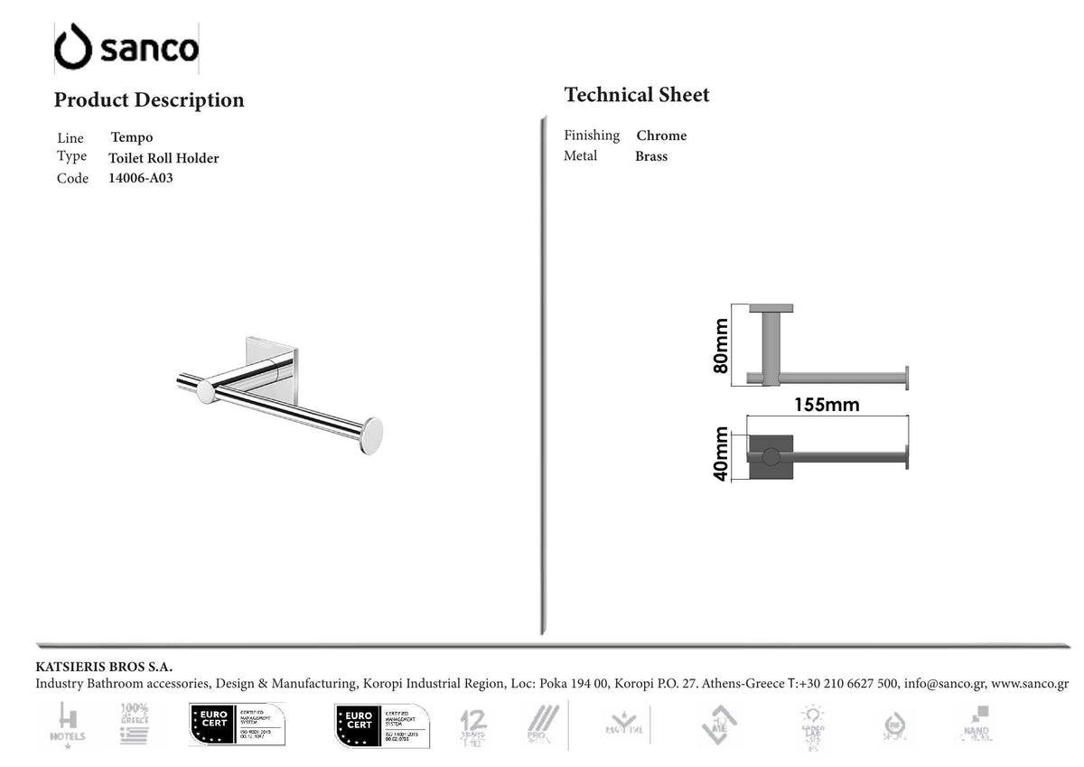 SANCO TEMPO TOILET ROLL HOLDER CHROME technical drawing and dimensions