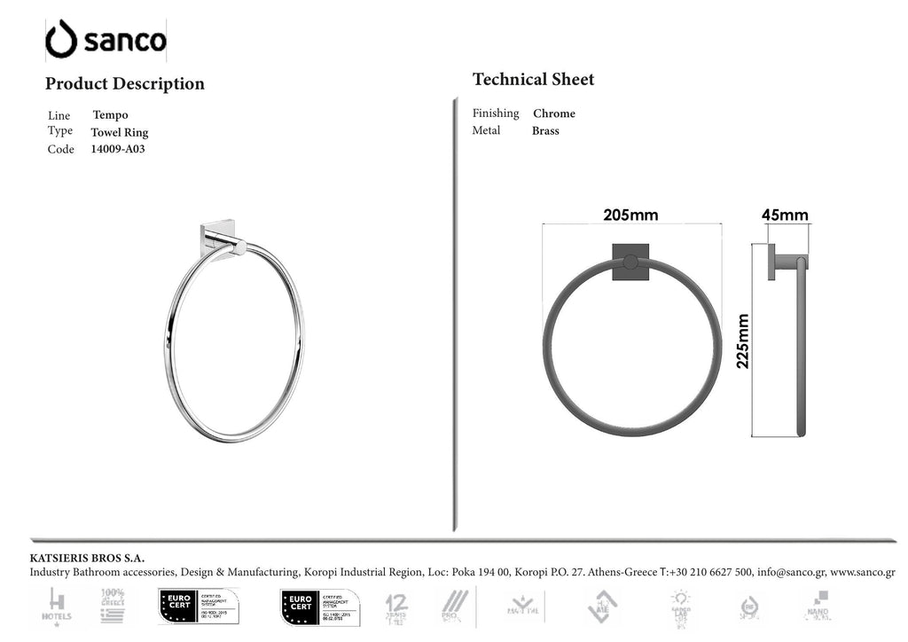 SANCO TEMPO TOWEL RING CHROME technical drawing and dimensions
