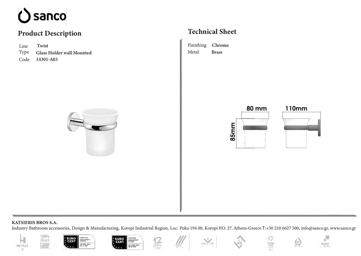 SANCO TWIST GLASS HOLDER CHROME technical drawing and dimensions