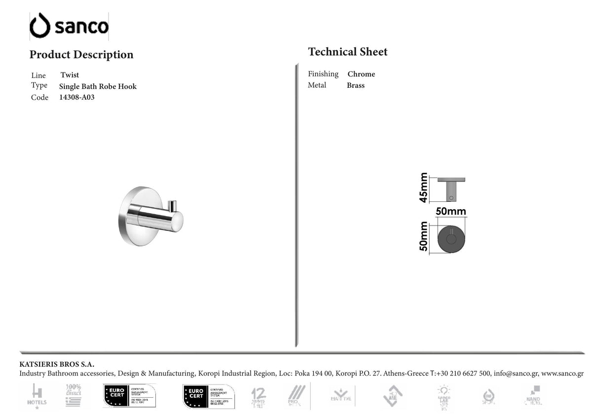 SANCO TWIST ROBE HOOK CHROME technical drawing and dimensions