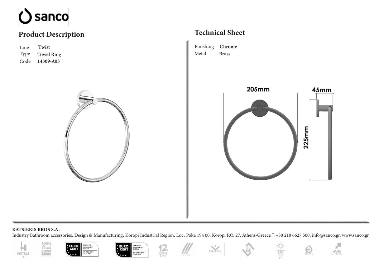 SANCO TWIST TOWEL RING CHROME technical drawing and dimensions