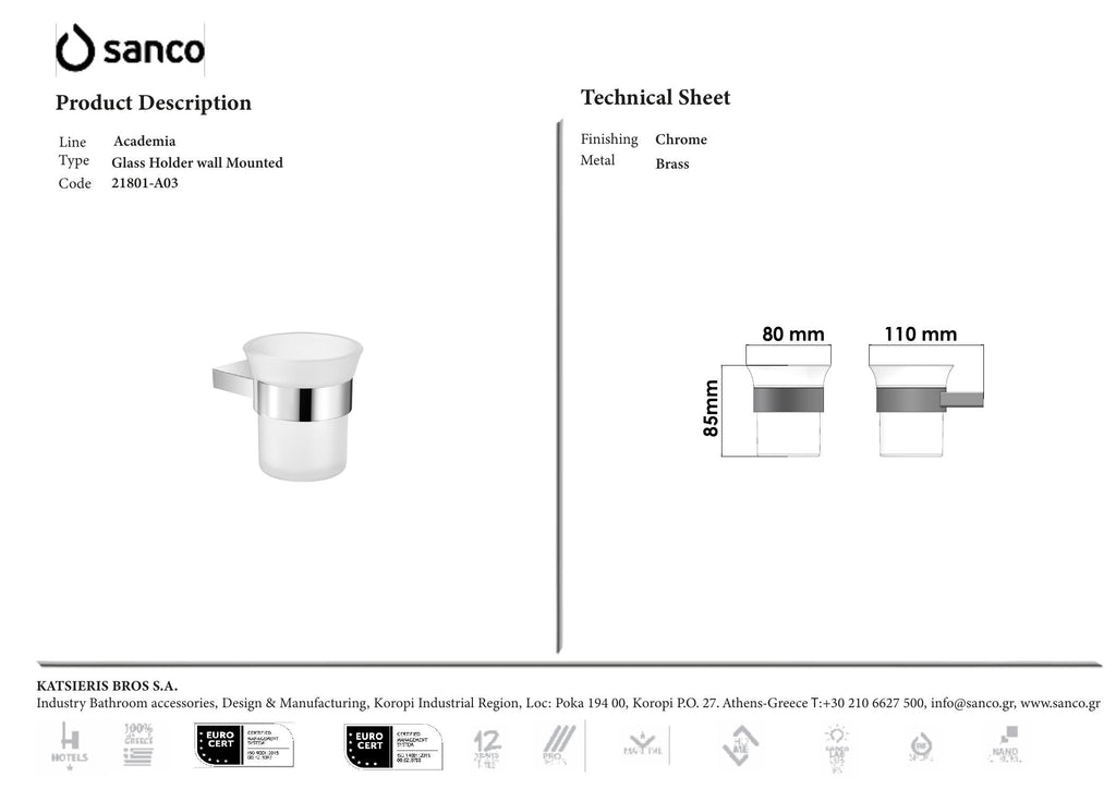 SANCO Academia Glass Holder wall mounted Mat Black technical drawing and dimensions