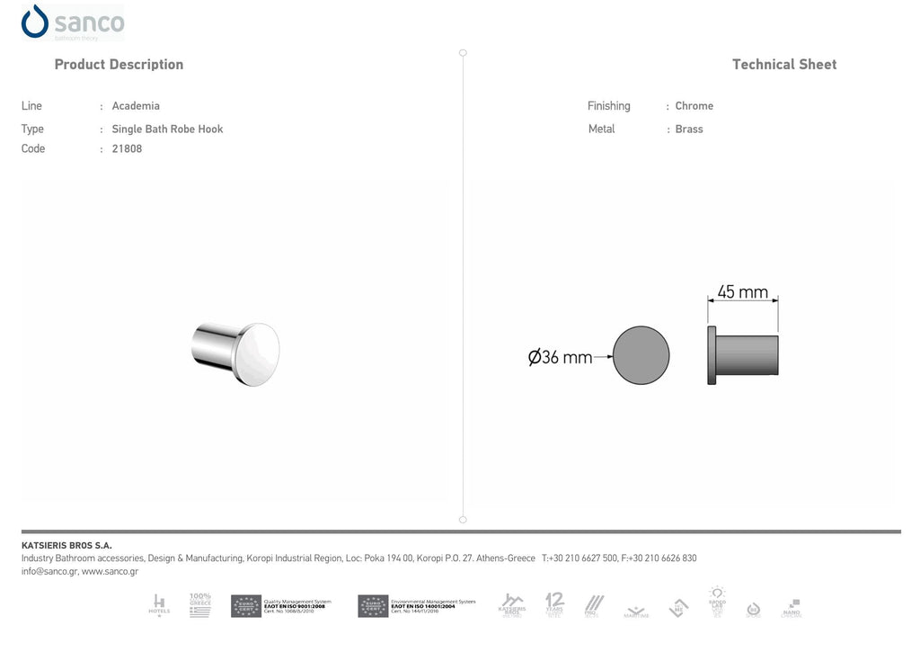 SANCO Academia Single Bath Robe Hook Black Mat technical drawing and dimensions