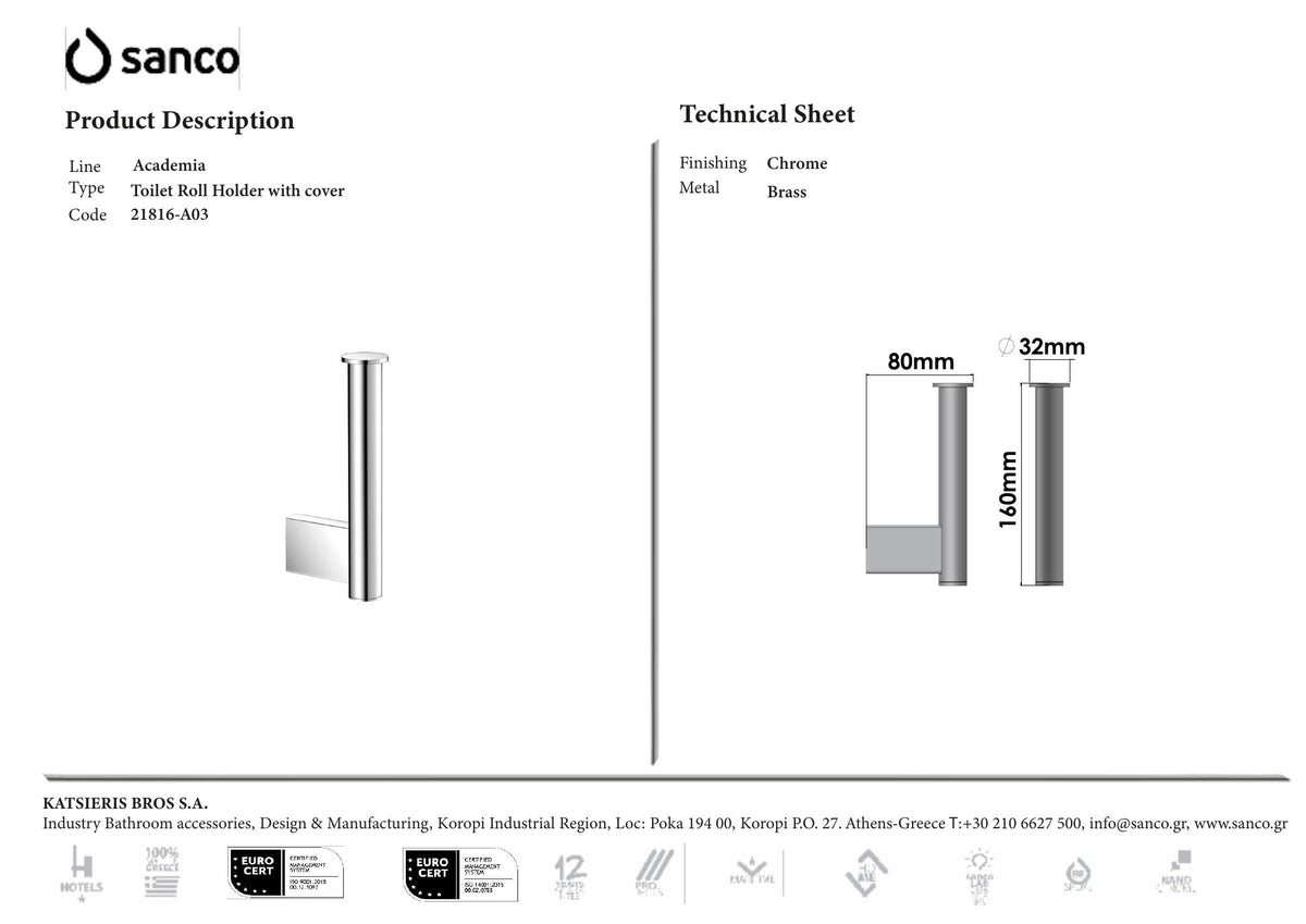 SANCO Academia Spare Toilet Roll Holder Chrome technical drawing and dimensions