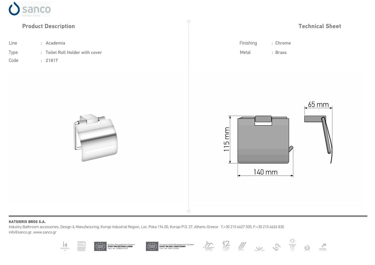 SANCO Academia Spare Toilet Roll Holder with cover Chrome technical drawing and dimensions