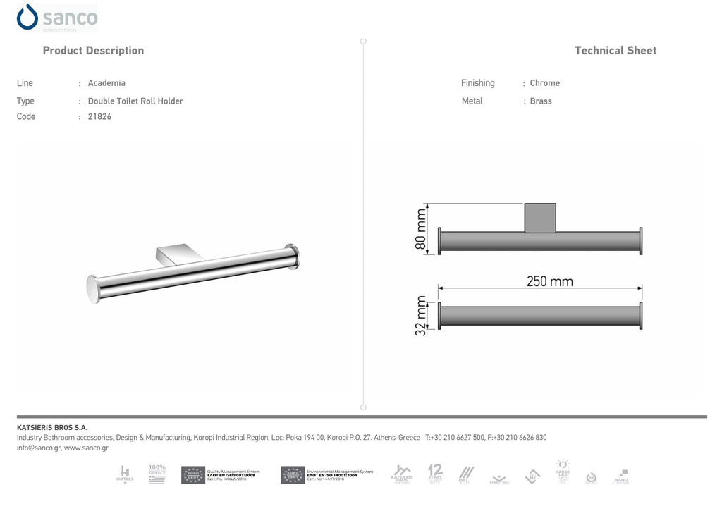 SANCO Academia Double Toilet Roll Holder Chrome technical drawing and dimensions